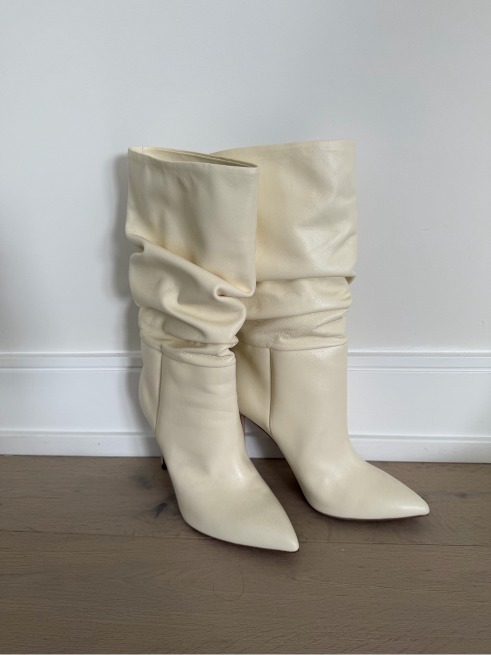Paris Texas Cream Slouch Pointed-Toe Mid-Calf Heeled Boots